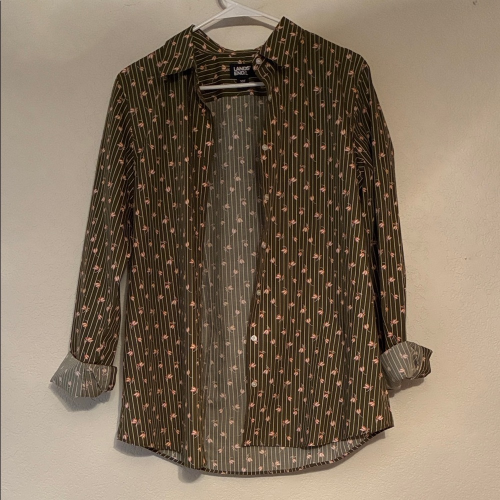 Lands' End Olive and Pink Patterned Shirt